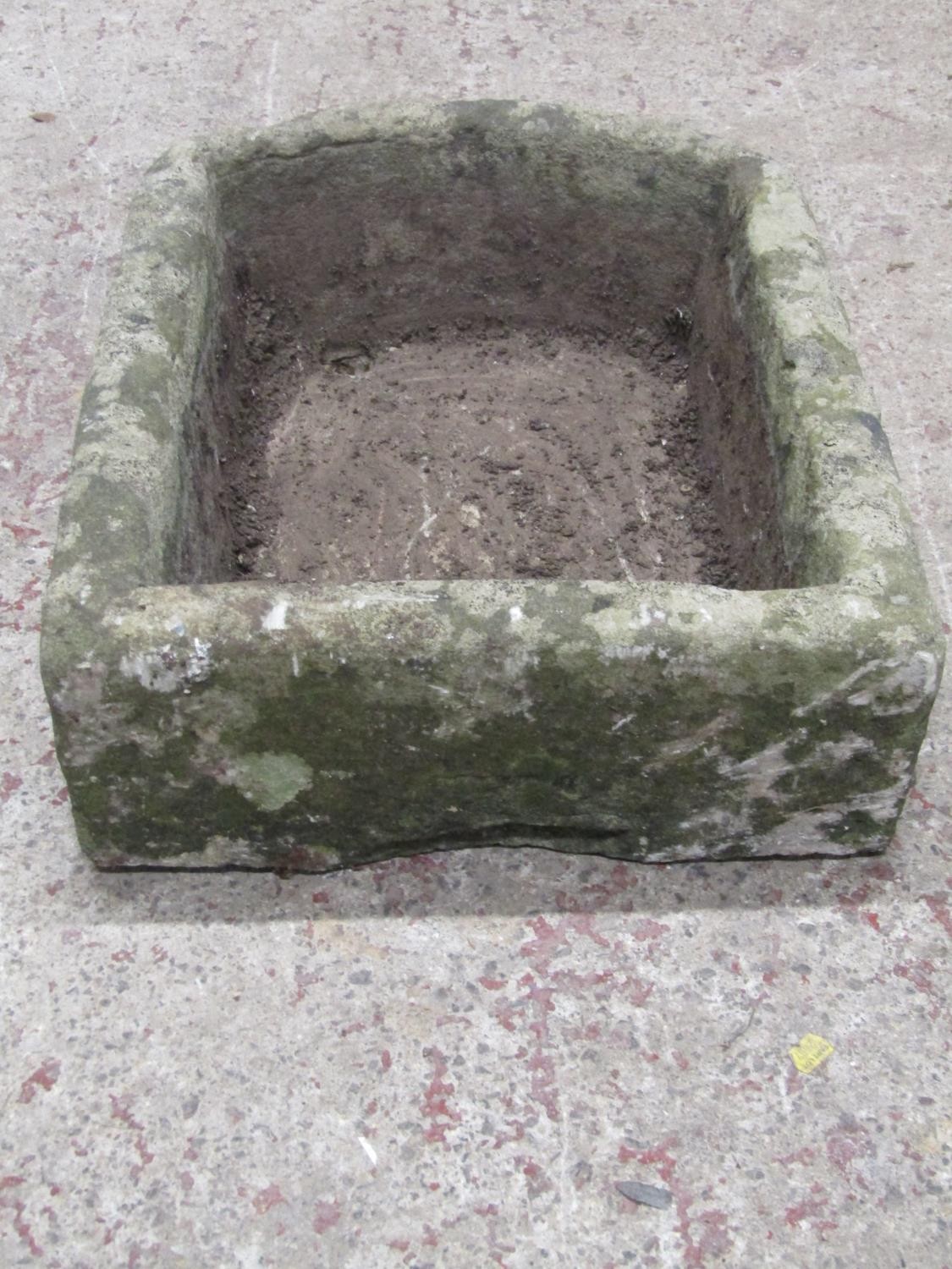 A weathered rectangular natural stone trough with D shaped end, 18cm high x 62cm x 47cm - Image 5 of 5