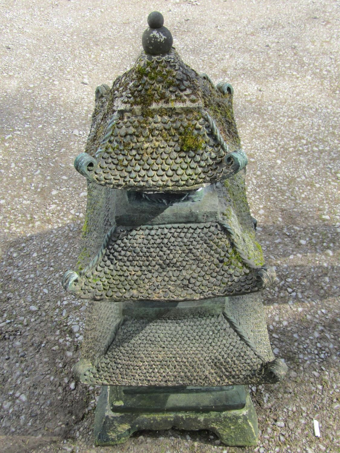 A weathered green painted cast composition stone sectional garden pagoda ornament, 105 cm high - Image 2 of 7