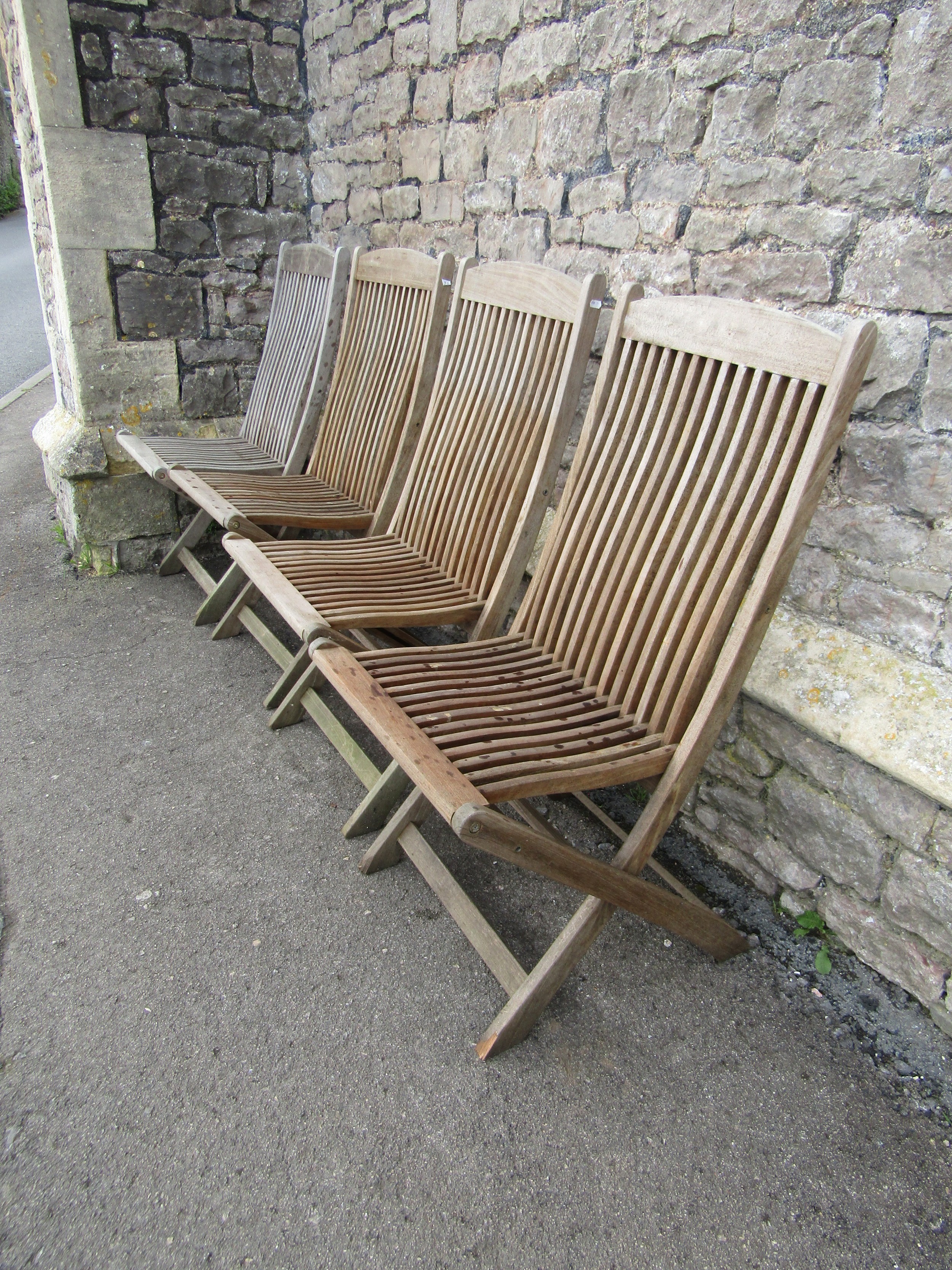 A set of four weathered Windsor Set folding teak garden chairs with slatted seats and backs - Image 2 of 4