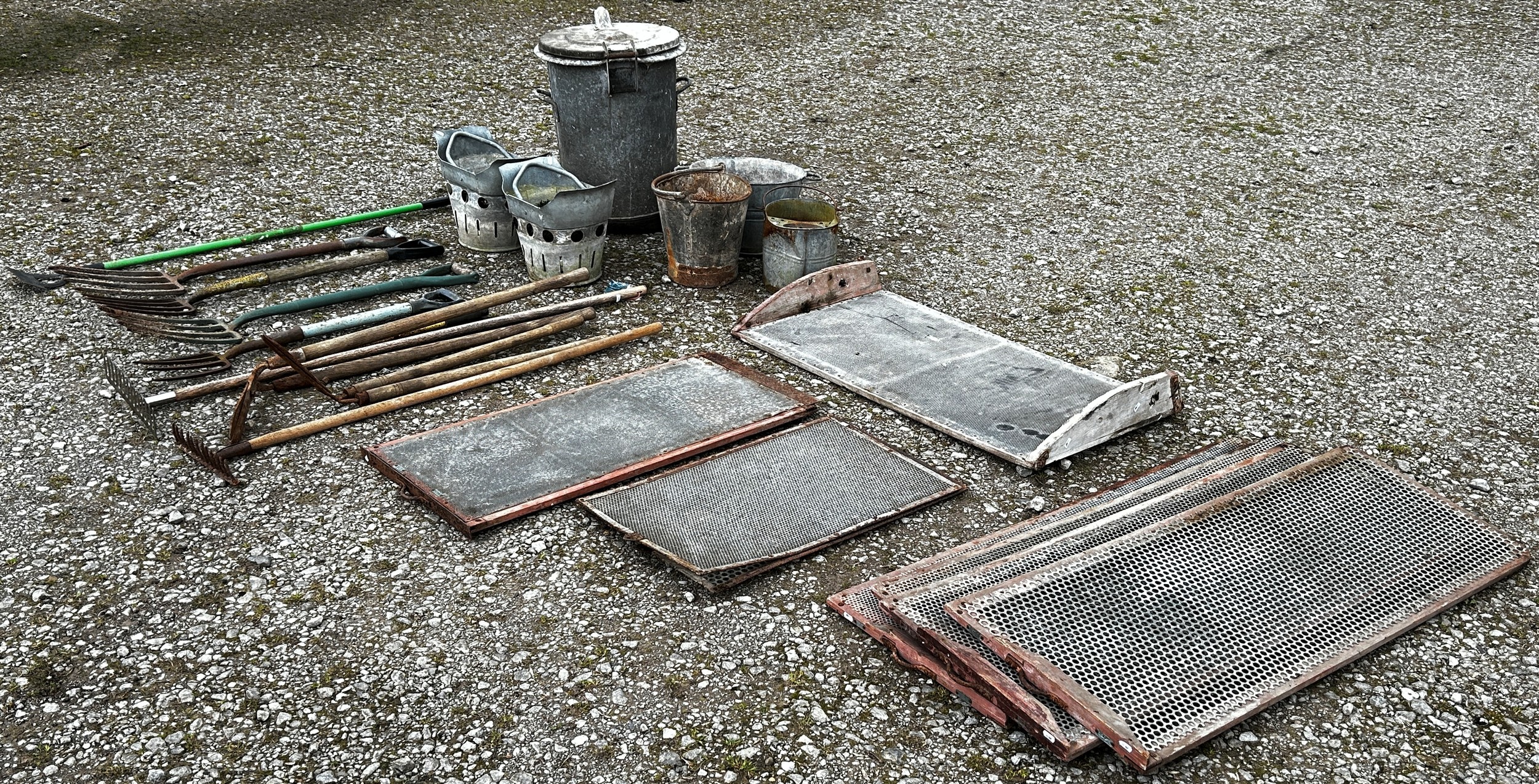 Galvanised bucket planters with loose loop handles together with a small collection of long