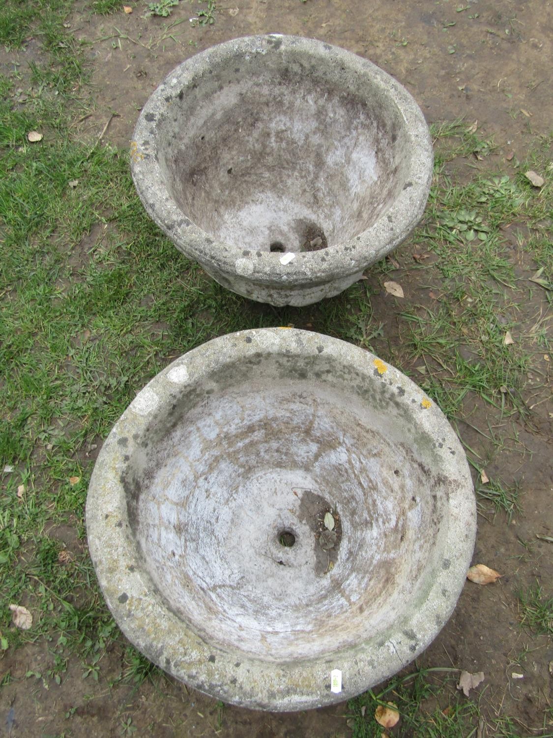 A pair of weathered cast composition stone garden planters of circular tapered form with fruiting - Image 2 of 3