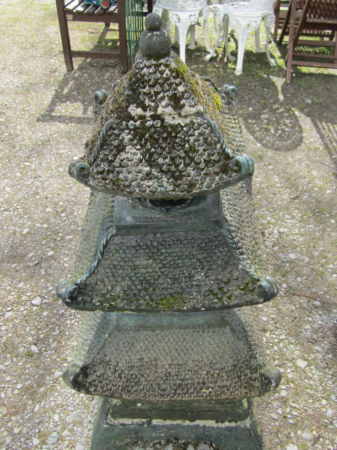 A weathered green painted cast composition stone sectional garden pagoda ornament, 105 cm high - Image 3 of 7