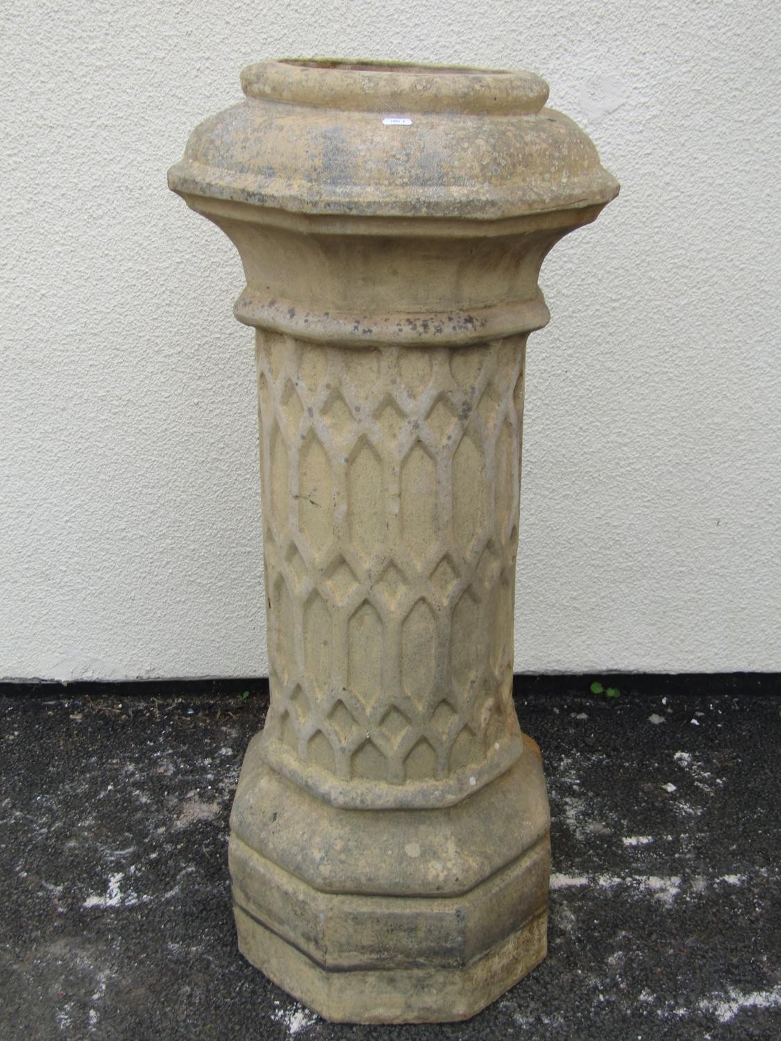 A weathered Doulton buff coloured tall gothic design chimney pot of cylindrical form with - Image 3 of 3