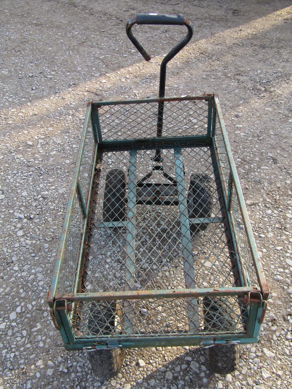 A useful four wheeled hand cart with rectangular green painted steel and lattice panelled body - Image 3 of 5