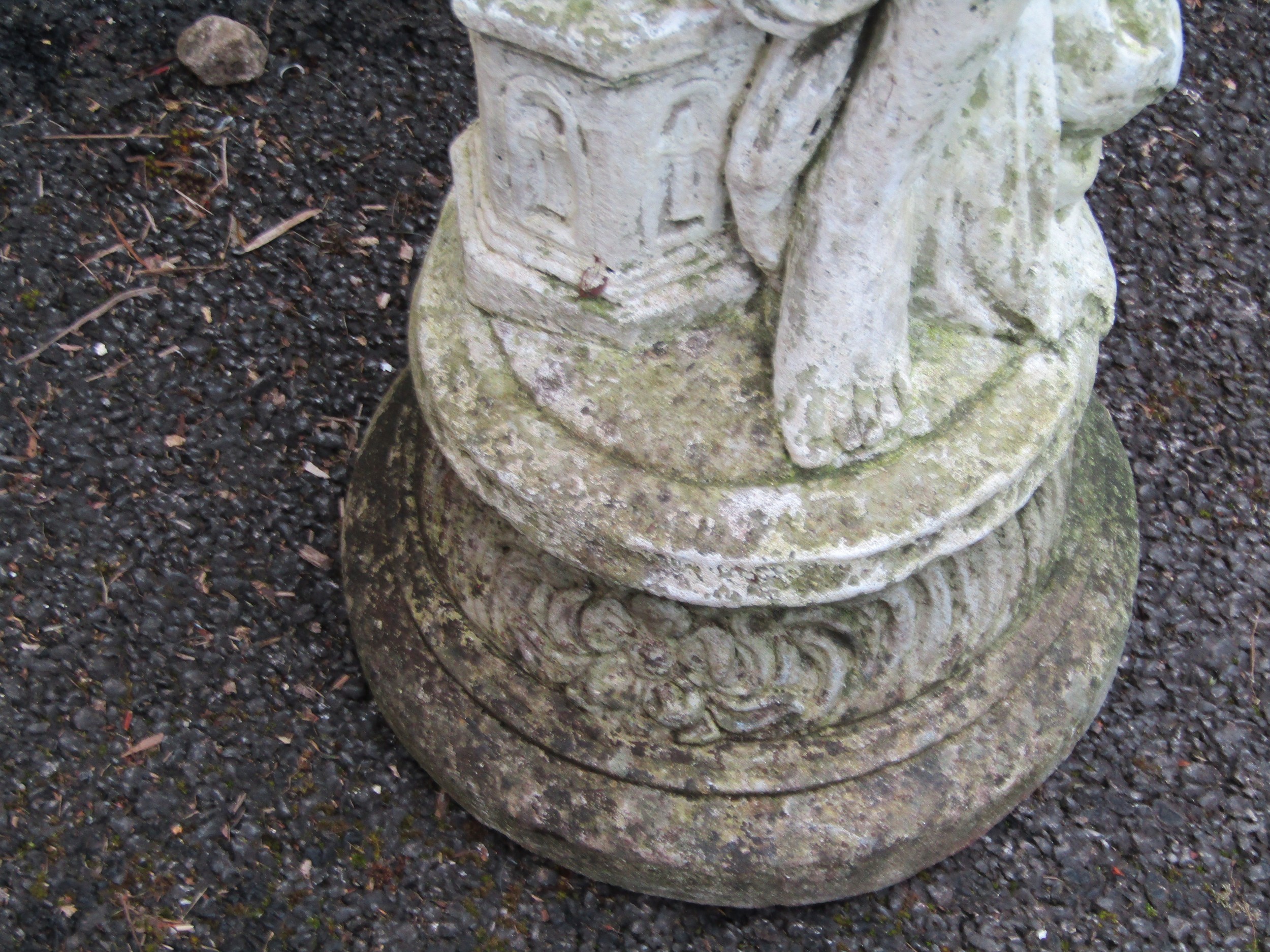 A painted and weathered cast composition stone garden statue in the form of a maiden with long - Image 4 of 4