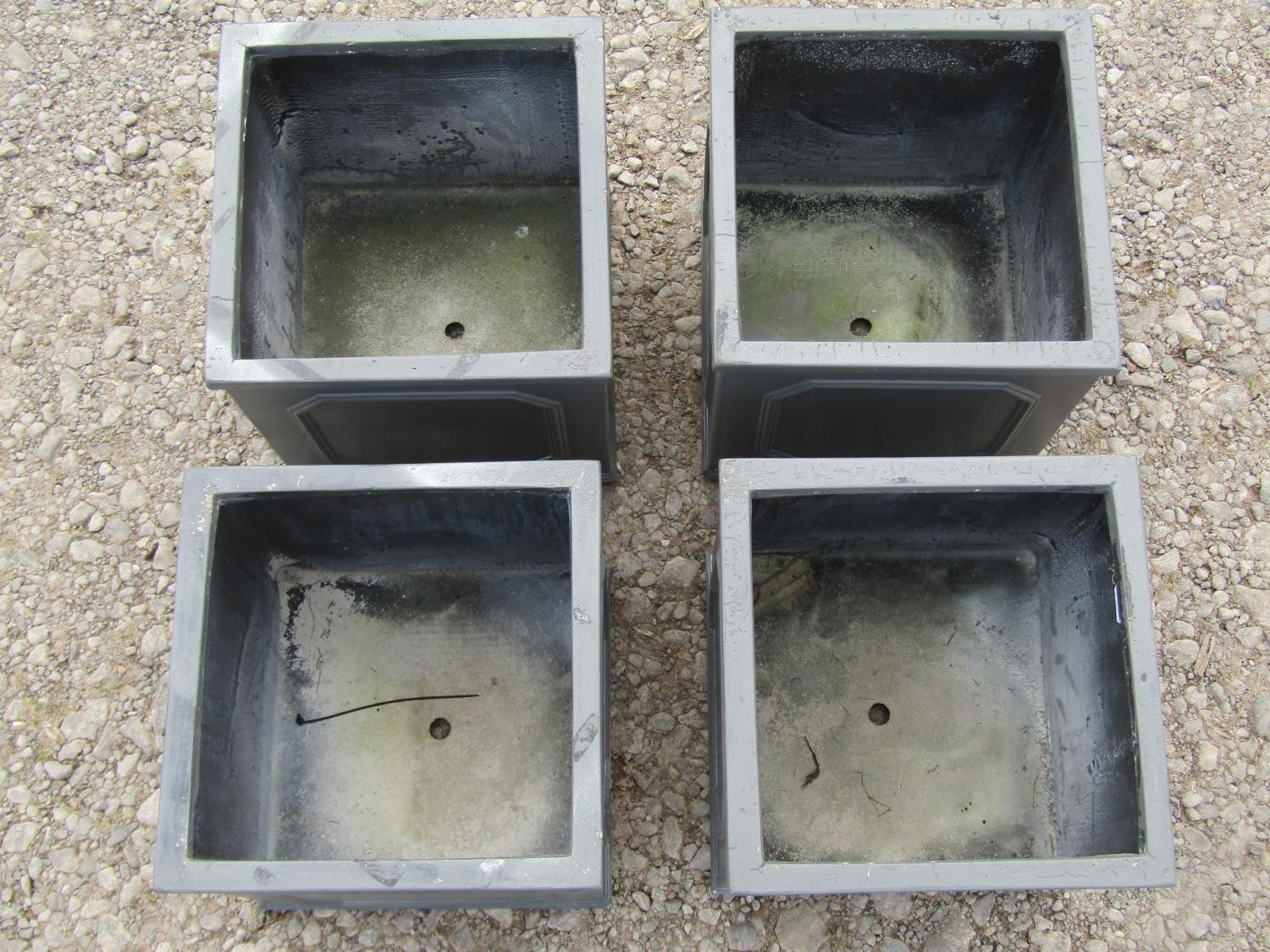 Four moulded fibre glass to simulate lead square cut planters with repeating panels 27 cm square - Image 2 of 5