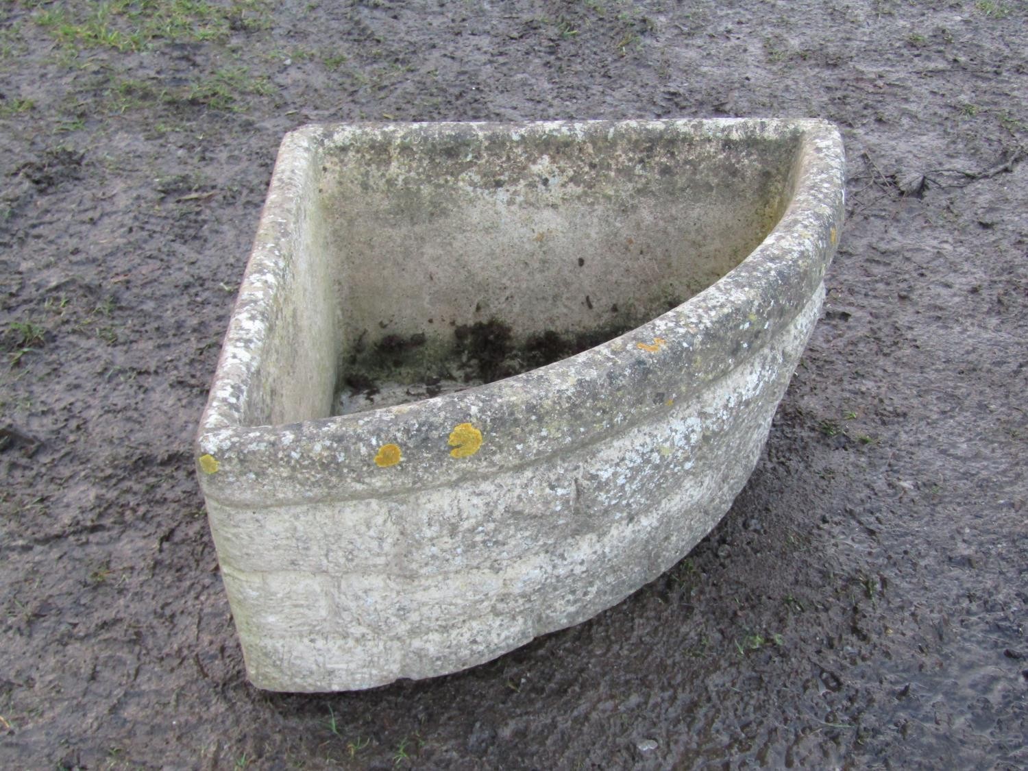 Three stone weathered cast composition garden troughs of varying size and design, the shallow - Image 2 of 8