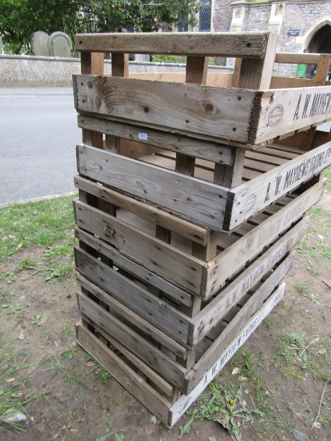 Six rustic wooden rectangular vegetable/fruit trays with slatted bases all with printed marks, 76 - Image 3 of 3