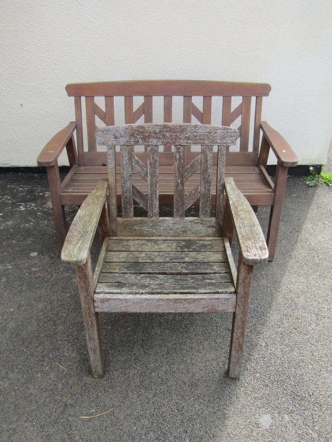 A swan Hattersley stained teak two seat garden bench with slated seat and back, 130cm wide, together