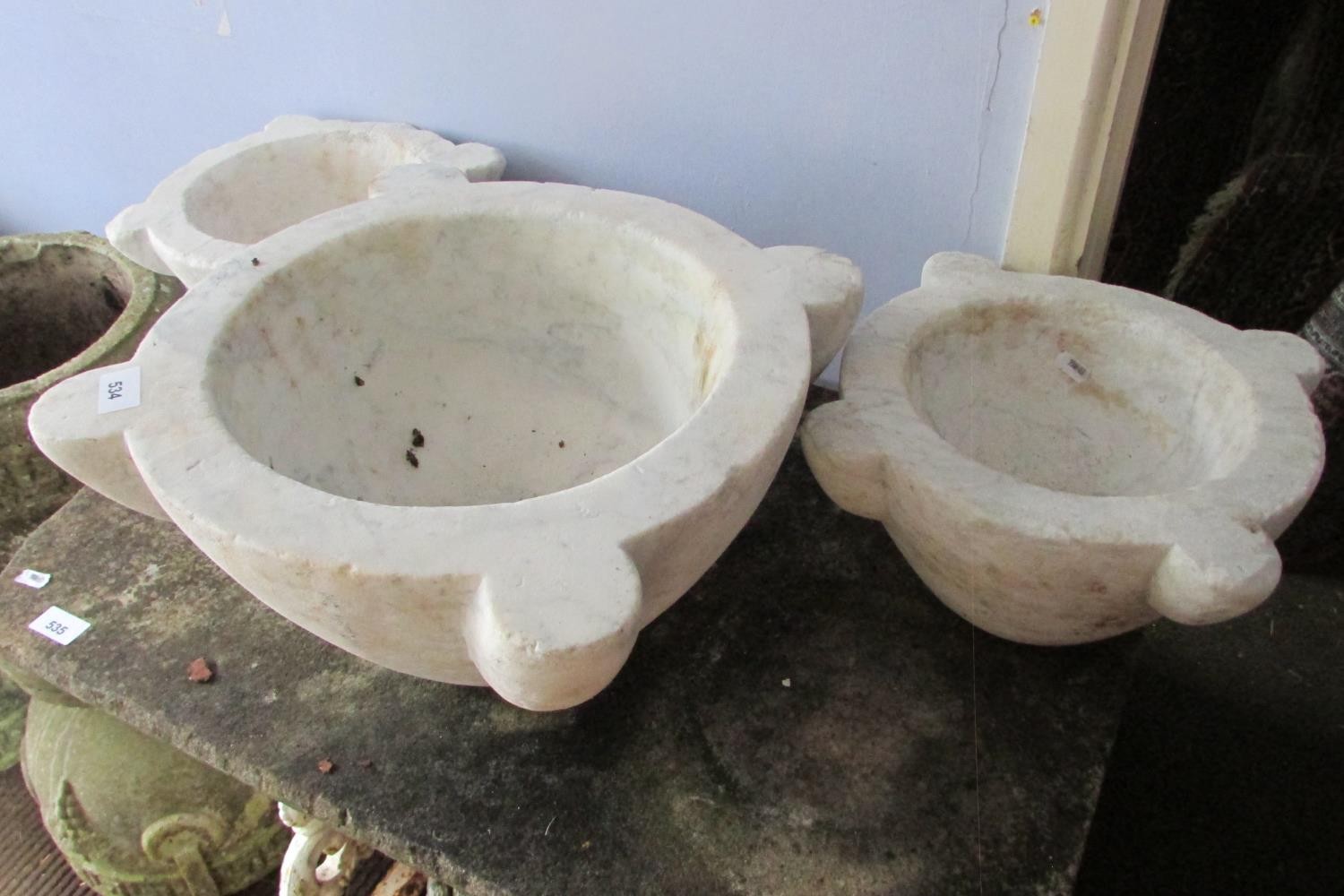 Three graduating old carved white marble mortars, the largest 22cm high, 48cm diameter (maximum) - Image 2 of 4