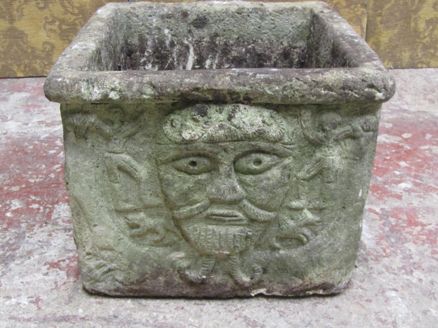 Two medieval style weathered cast composition stone garden planters with relief detail, one of - Image 3 of 10