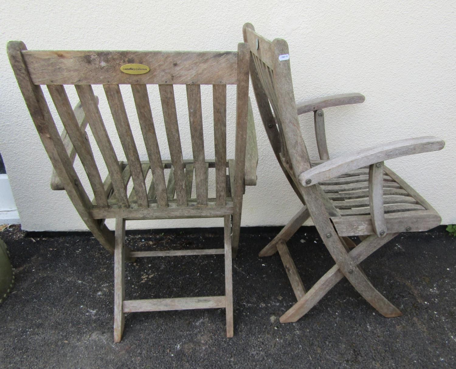 A Canterbury Collection weathered teak circular folding gateleg garden table and four matching - Image 6 of 8