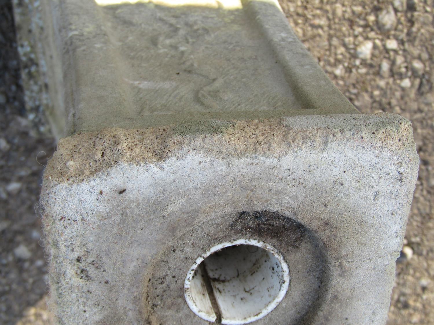 A weathered two sectional cast composition stone bird bath of circular form raised on a square - Image 5 of 5