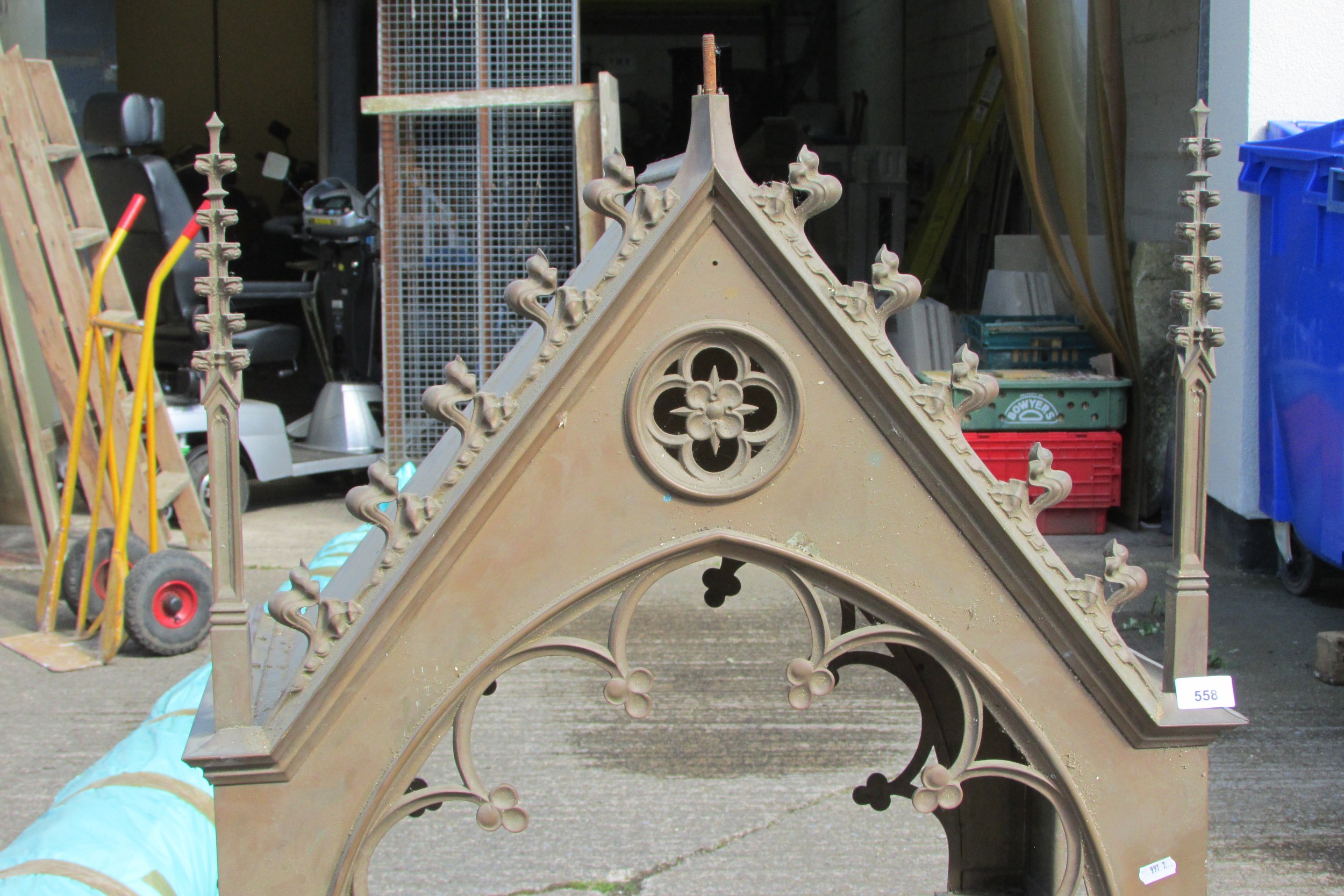 A large 19th century ecclesiastical brass tabernacle canopy, with gothic spire finials and pierced - Image 4 of 5