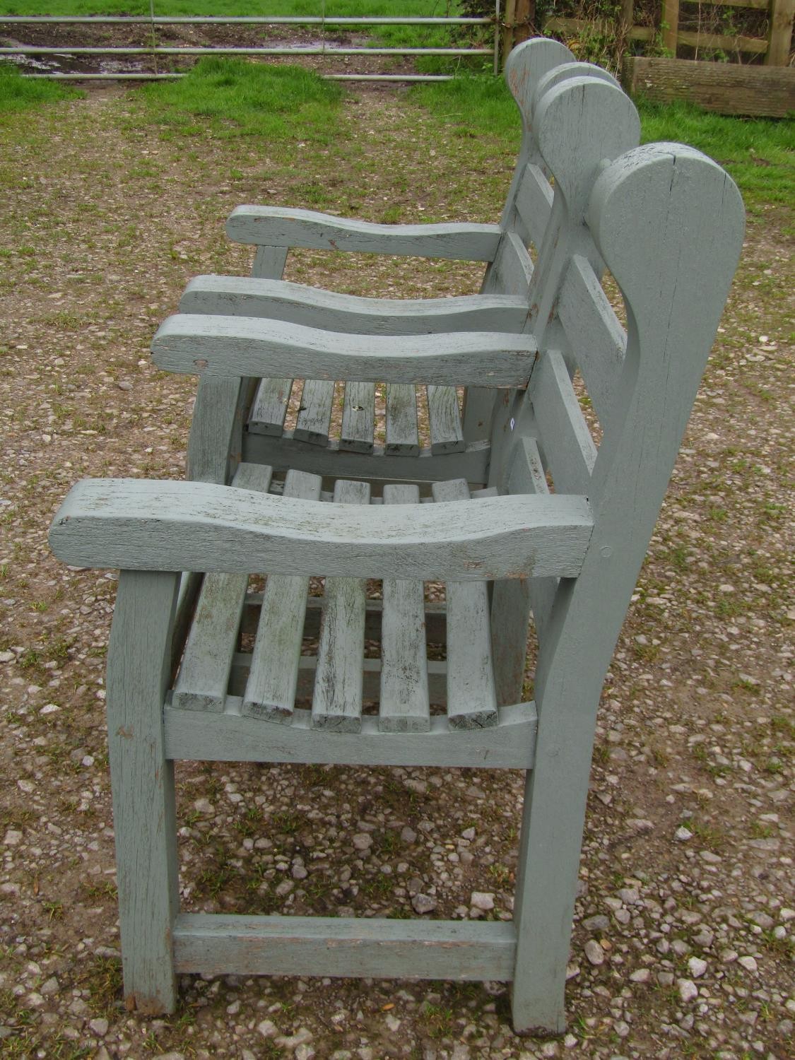 A pair of Woodfern heavy gauge painted and weathered teak garden open armchairs with slatted seats - Image 6 of 8