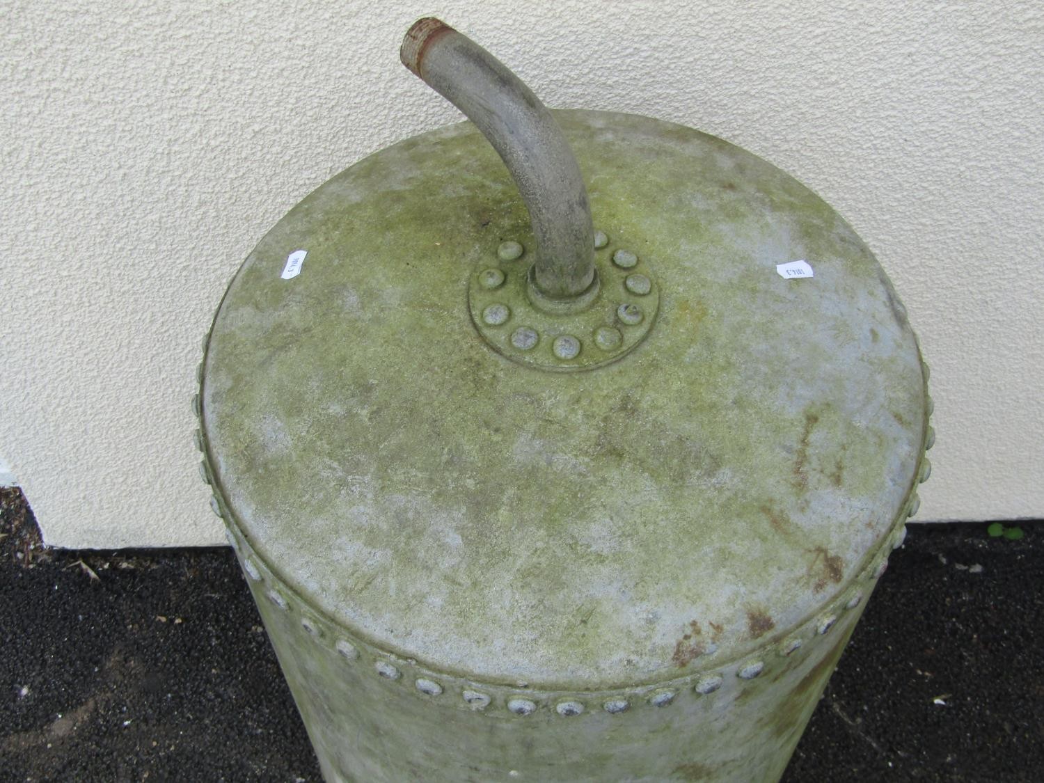 A vintage heavy gauge galvanised steel boiler of cylindrical form with pop riveted seams approx 50 - Image 2 of 4