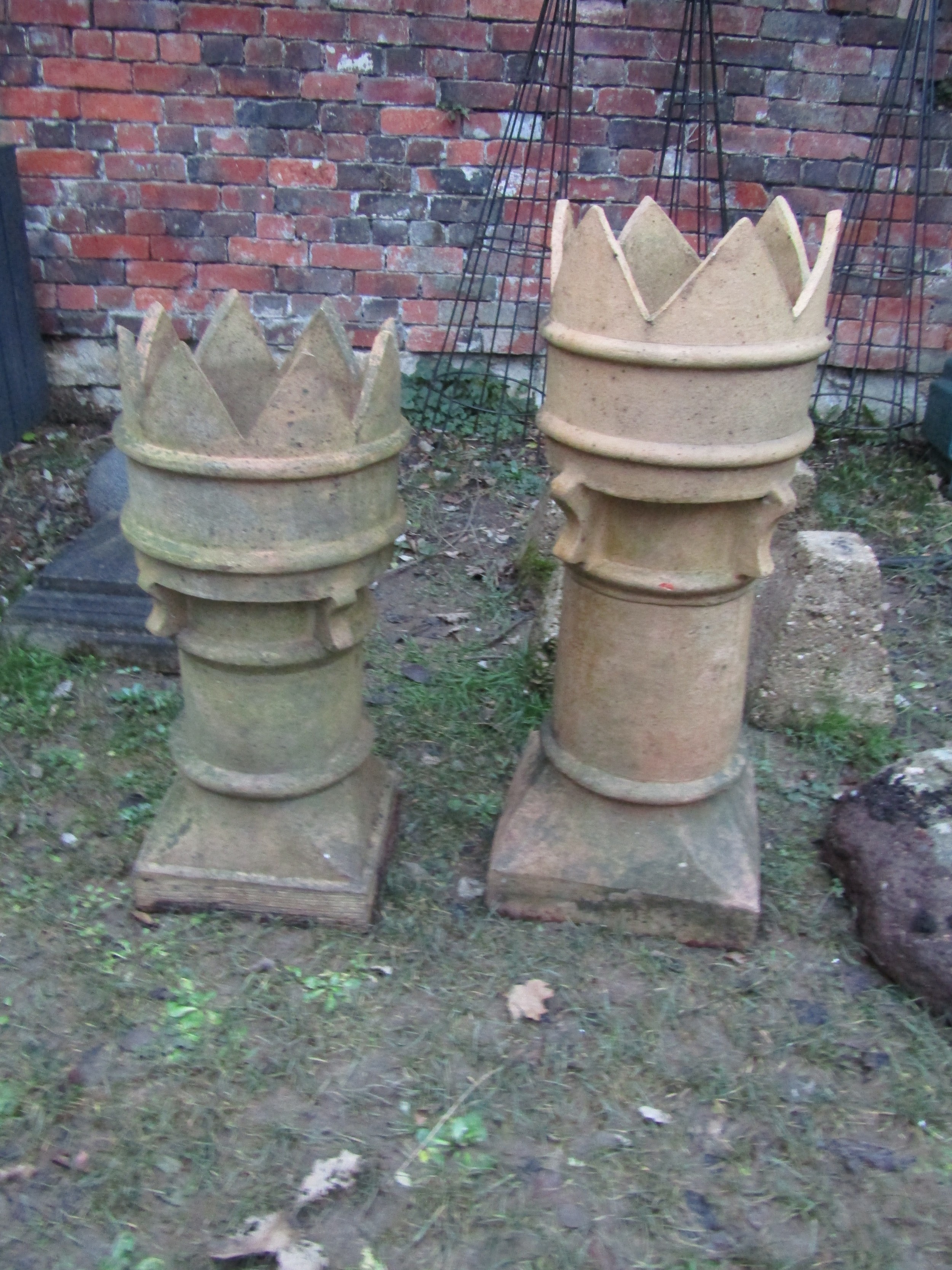 Two similar weathered Victorian crown top chimney pots, the larger being 90cm high - Image 2 of 2