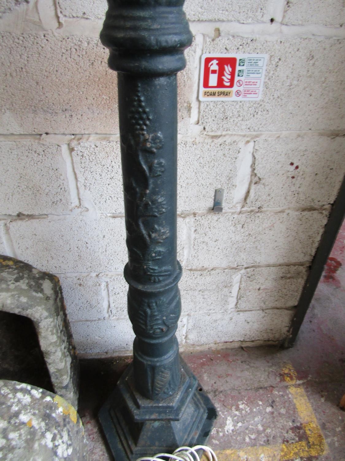 A Victorian style cast iron lamp post with hexagonal tapered hood raised on a partially fluted - Image 4 of 5