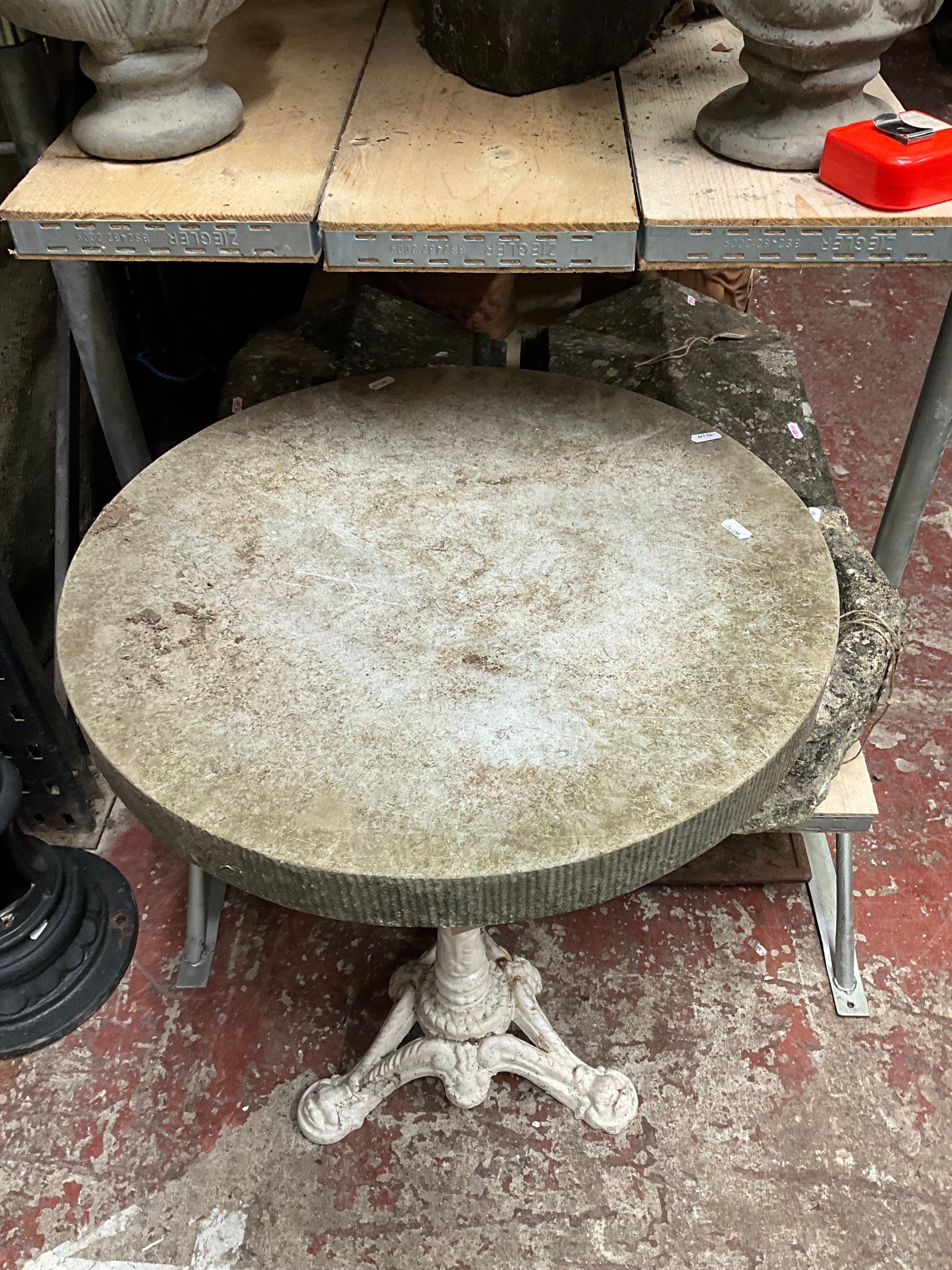 A Victorian cast iron table base with partially fluted column and stylised dolphin supports - Image 3 of 3