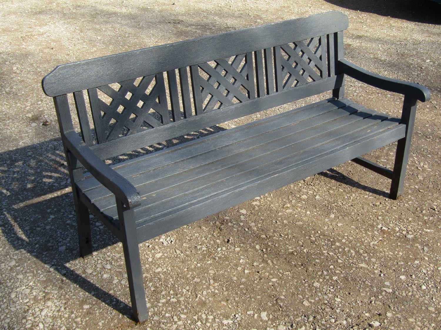 A Rayburn painted teak three seat garden bench with slatted seat and lattice panelled back (af) - Image 2 of 5