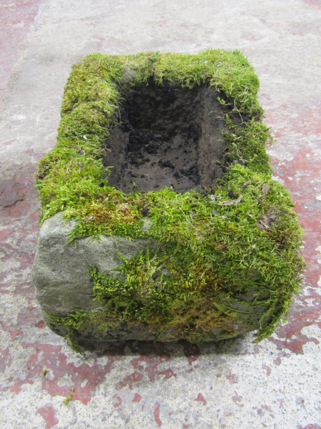 A small shallow but thick walled rectangular natural stone trough, 20cm high x 48cm x 30cm - Image 4 of 5