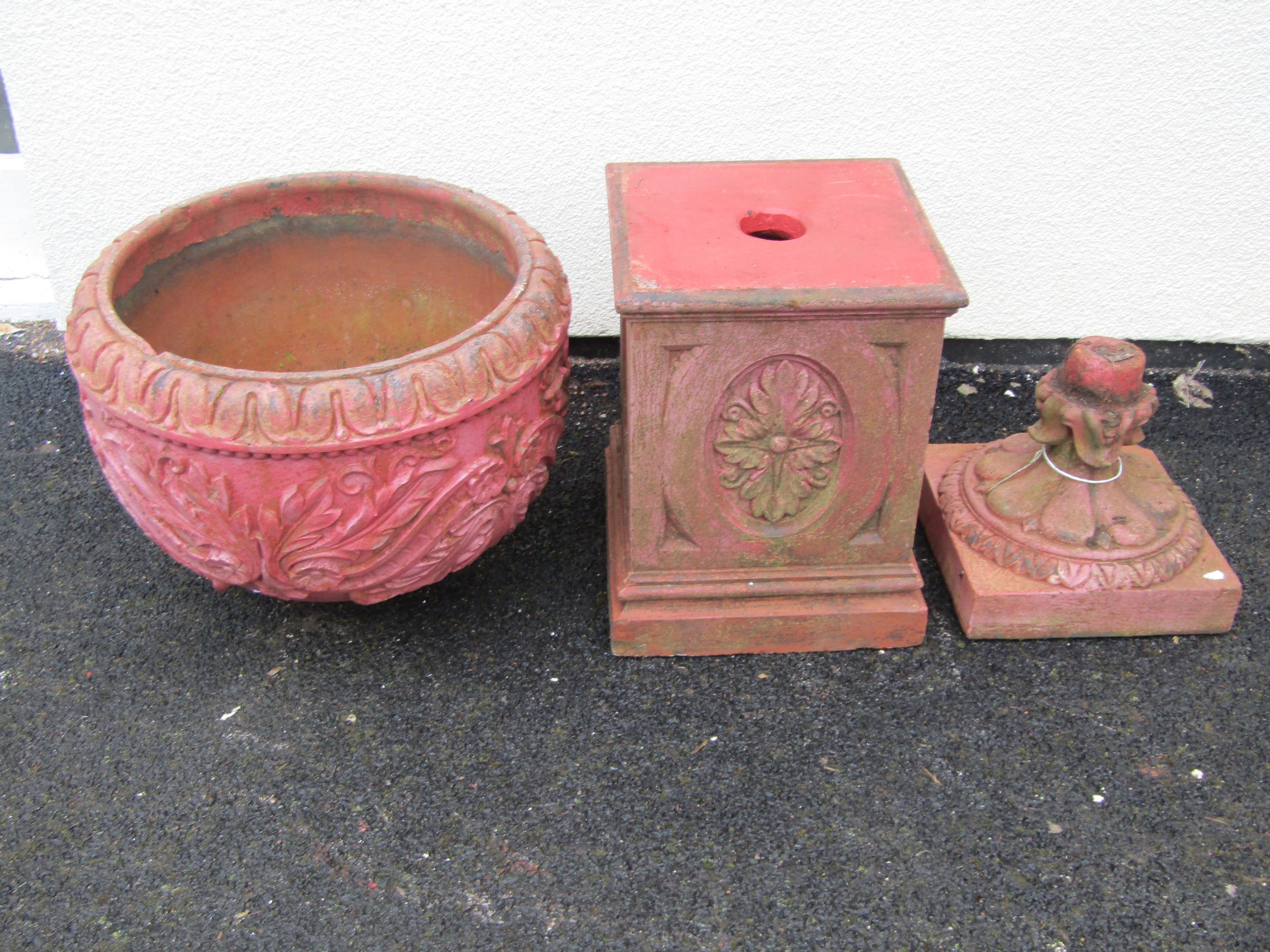 Accrington Brick Company Ltd painted and weathered terracotta garden urn, the circular bowl with - Image 4 of 6