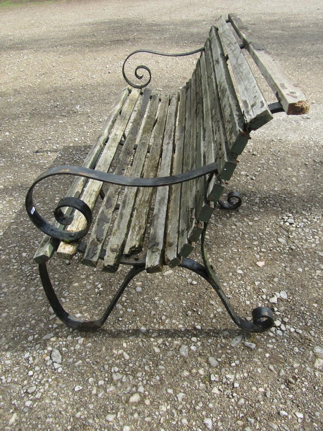 A heavy gauge park/garden bench with weathered teak slatted seat raised on heavy gauge sprung - Image 2 of 6