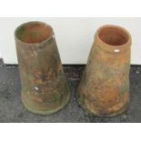 Two old weathered terracotta conical shaped rhubarb forcers with moulded collars, one with