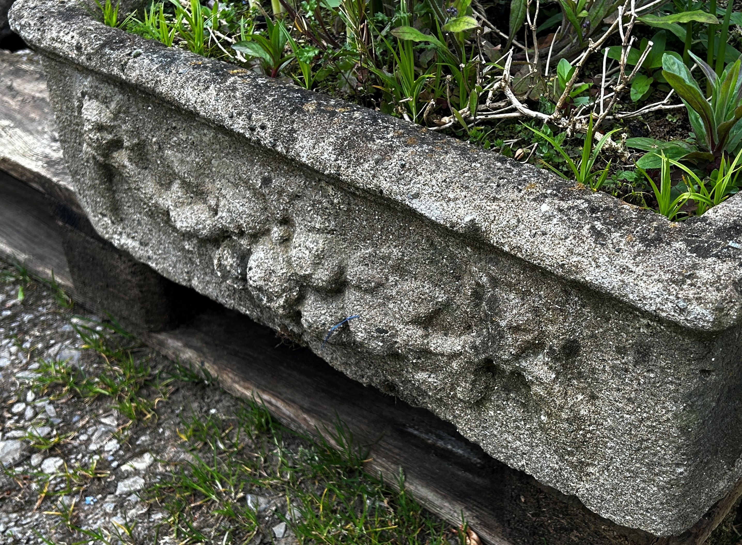 A shallow weathered cast composition stone garden trough of square form with fruiting swag and lions - Image 2 of 3