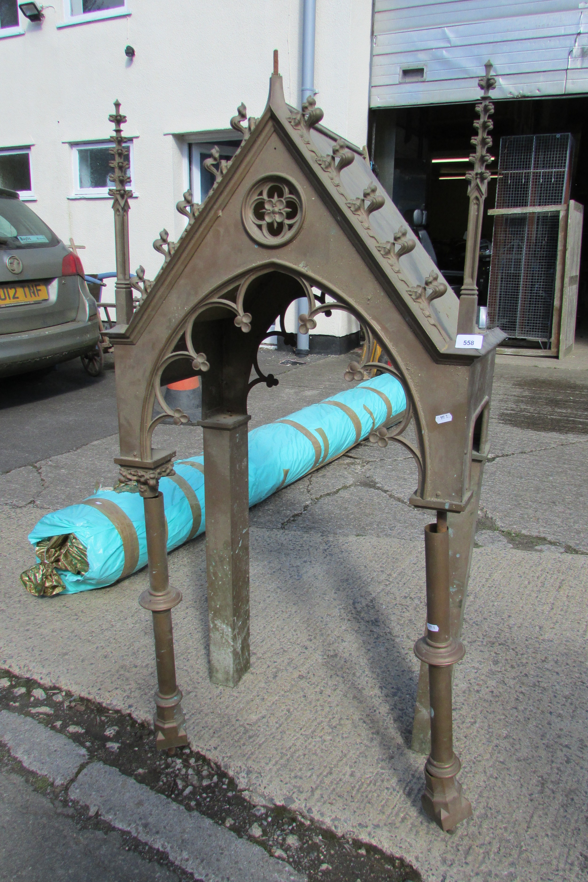 A large 19th century ecclesiastical brass tabernacle canopy, with gothic spire finials and pierced - Image 5 of 5