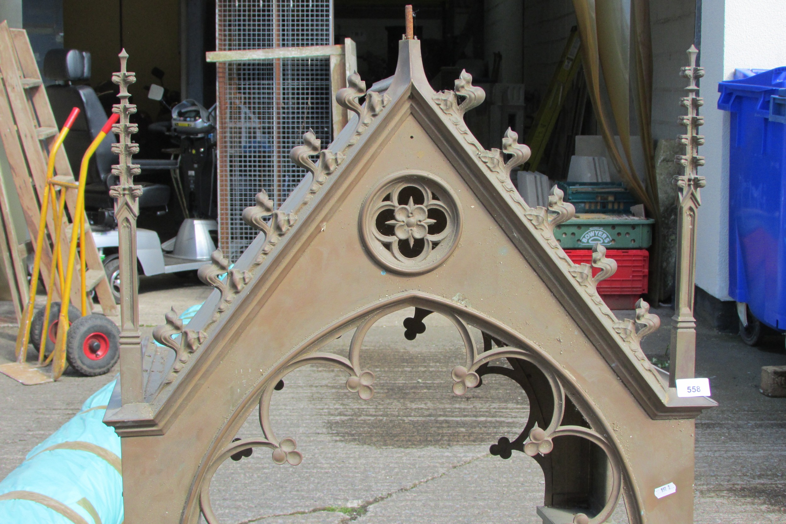 A large 19th century ecclesiastical brass tabernacle canopy, with gothic spire finials and pierced - Image 3 of 5