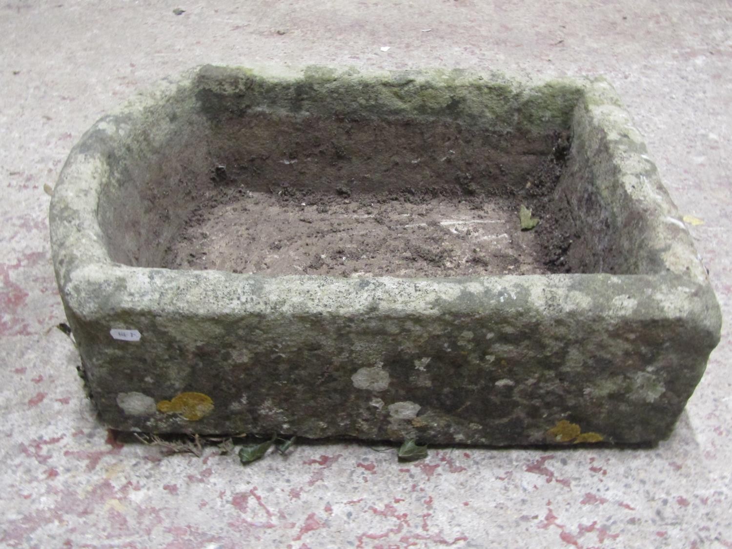 A weathered rectangular natural stone trough with D shaped end, 18cm high x 62cm x 47cm - Image 4 of 5