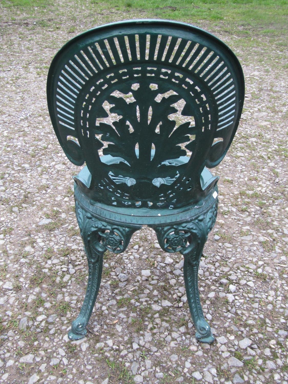 A green painted cast aluminium garden terrace table of circular form, with decorative pierced top, - Image 4 of 6