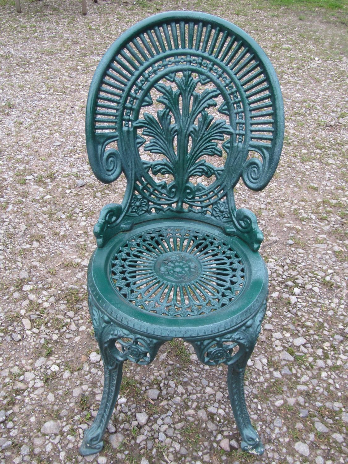 A green painted cast aluminium garden terrace table of circular form, with decorative pierced top, - Image 2 of 6