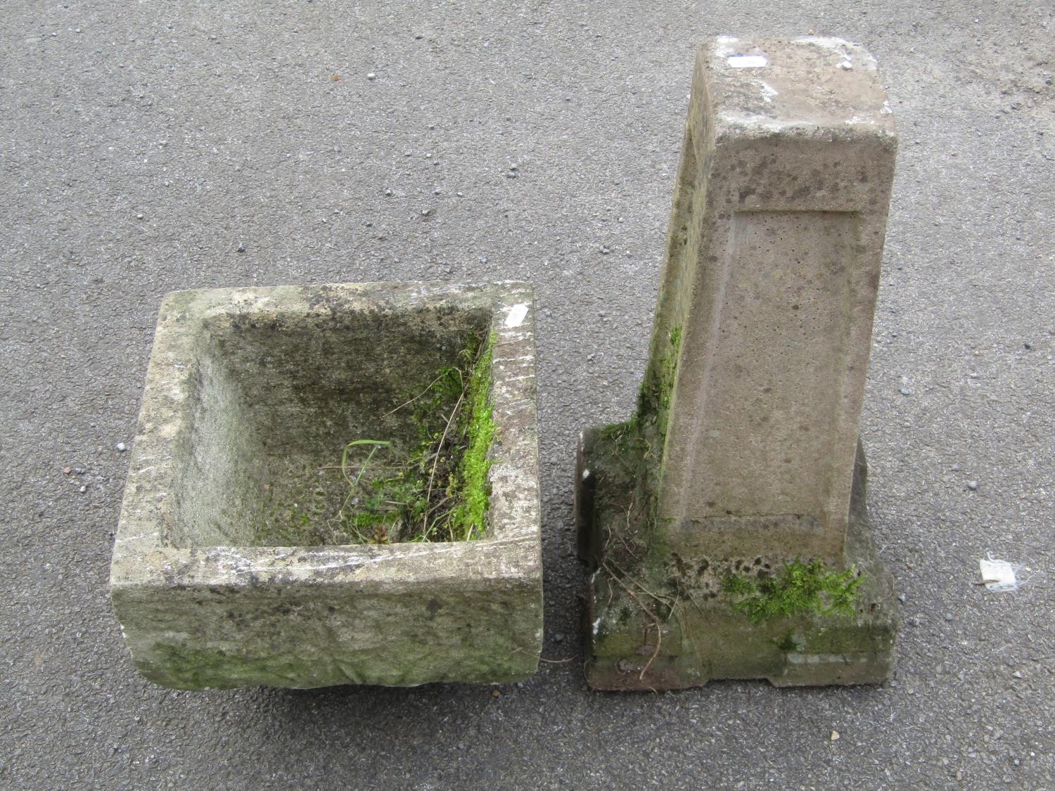 A weathered cast composition stone garden planter of square tapered and rounded form with floral - Image 4 of 4