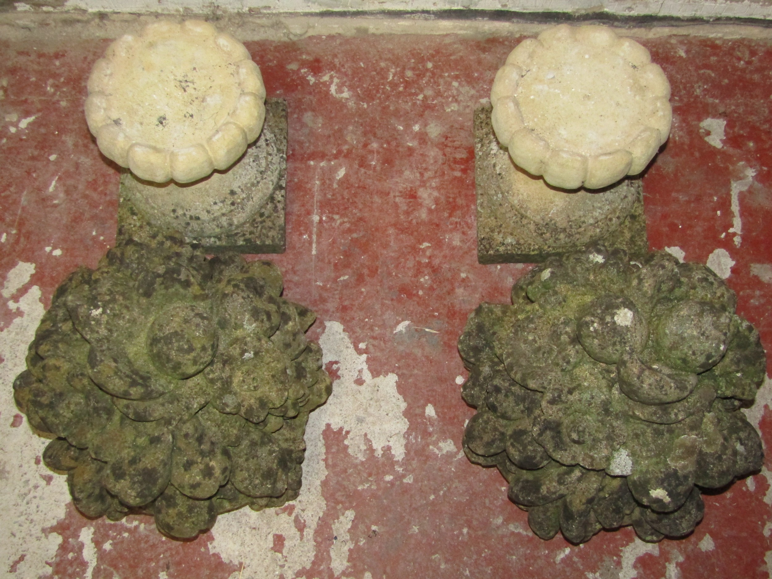 A pair of weathered two sectional cast composition stone garden ornaments in the form of fruiting - Image 2 of 2