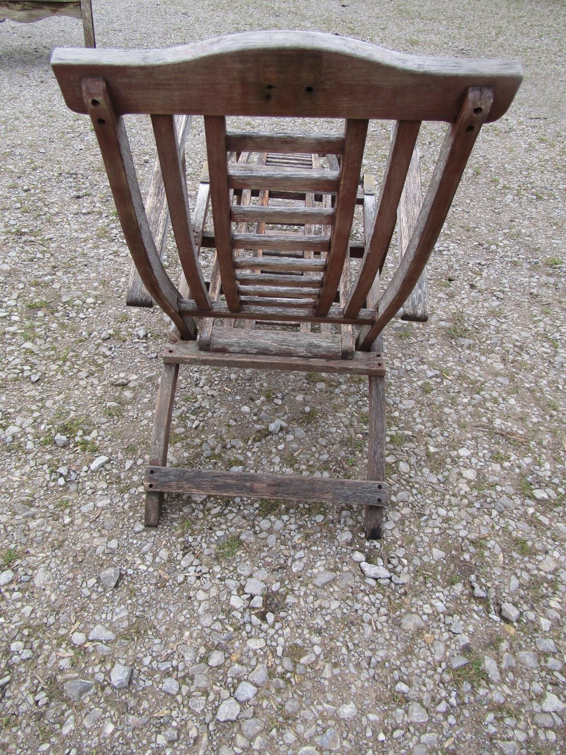 Two weathered teak folding steamer type chairs with slatted seats, backs and foot rests, with - Image 6 of 6