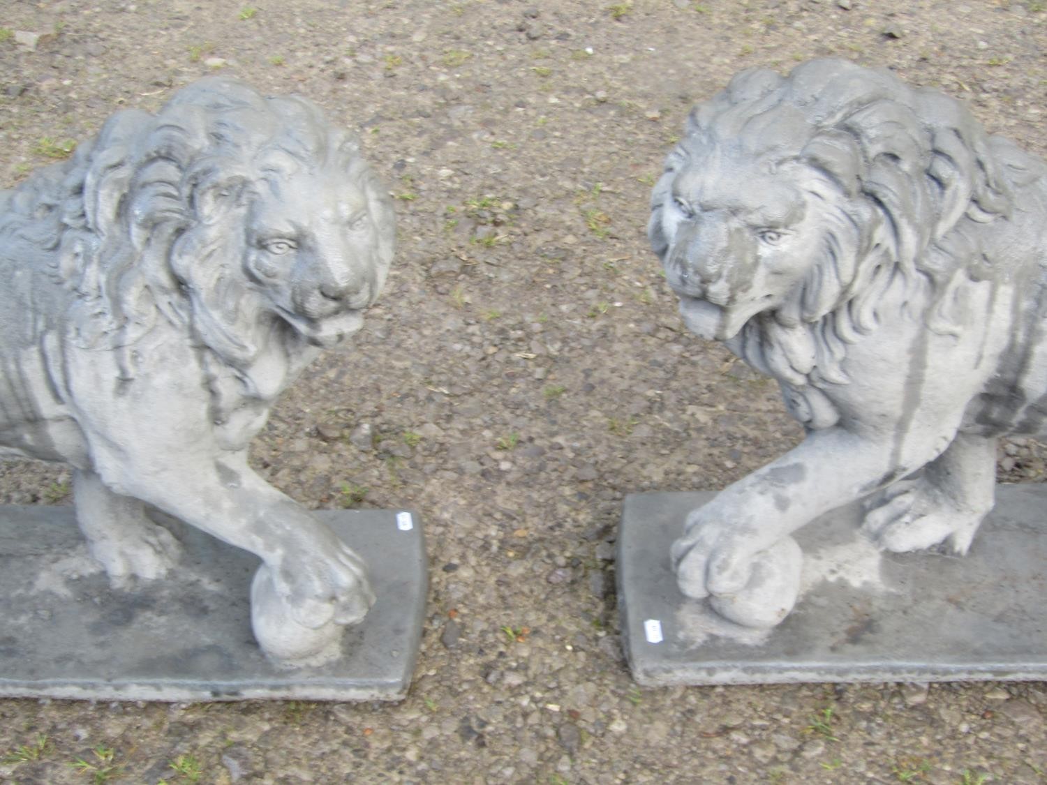 A pair of cast composition stone garden terrace/pier ornaments in the form of standing lions, 58 - Image 4 of 4