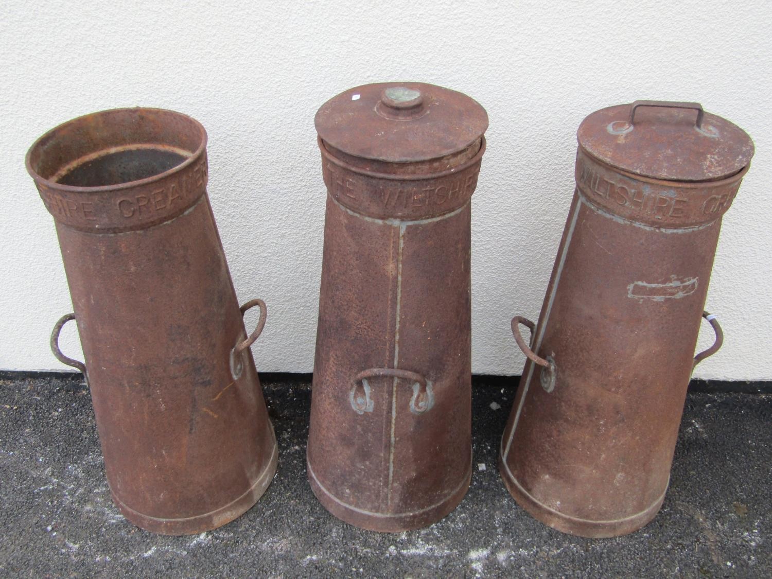 Three old galvanised ex Wiltshire Creameries Ltd milk churns of tapered cylindrical form with - Image 8 of 8