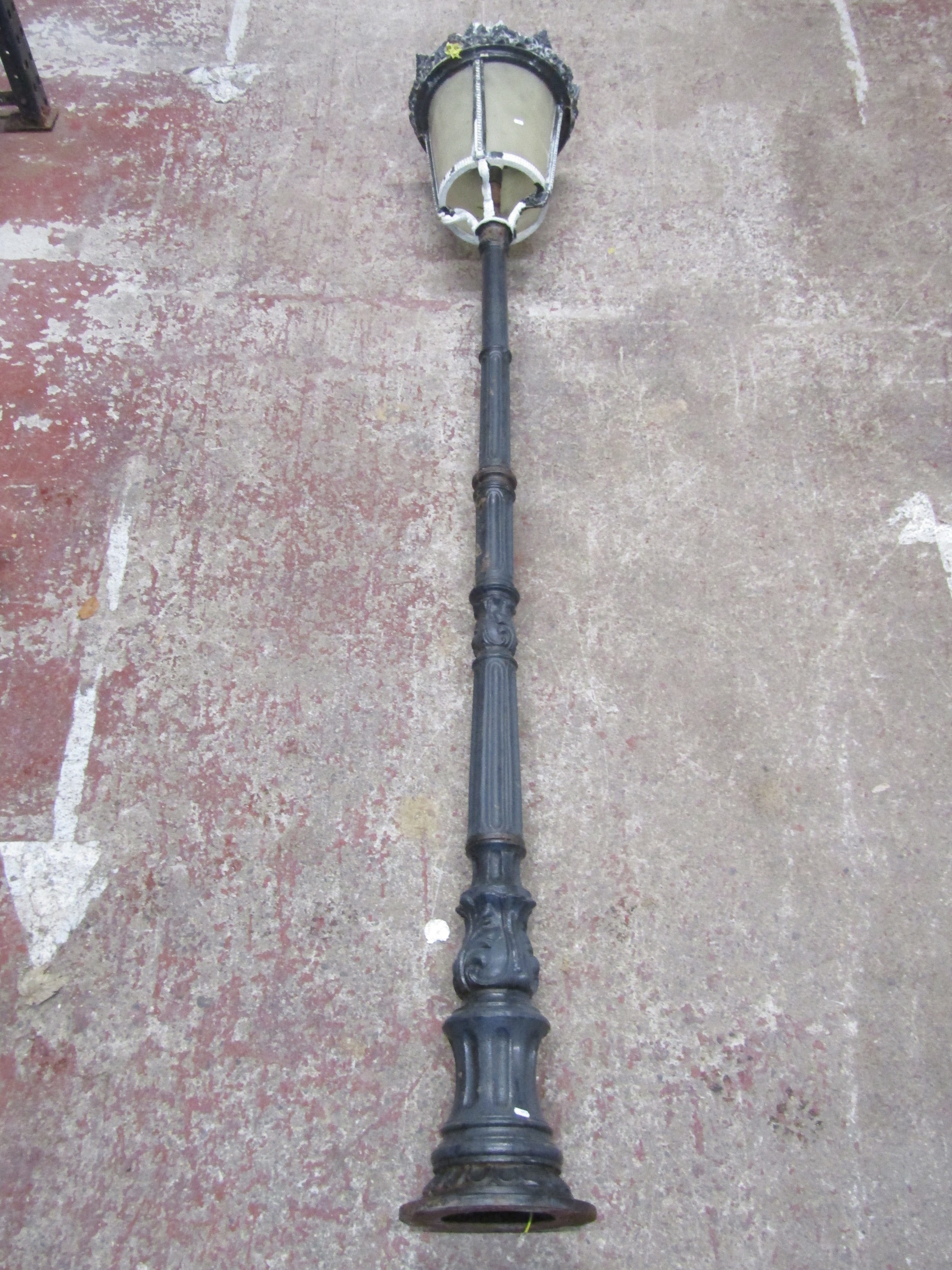 A Victorian style cast iron and alloy street lamp post with tapered cylindrical lantern, approx