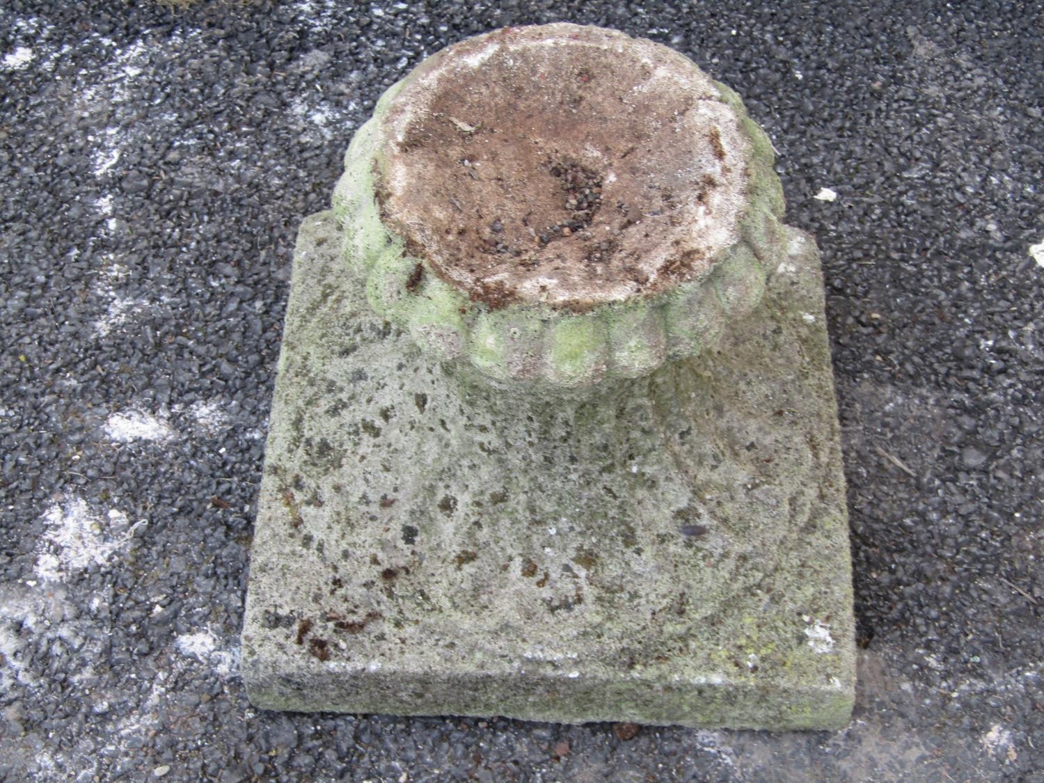 A pair of weathered cast composition stone garden urns, the squat circular lobed bowls with flared - Image 7 of 9