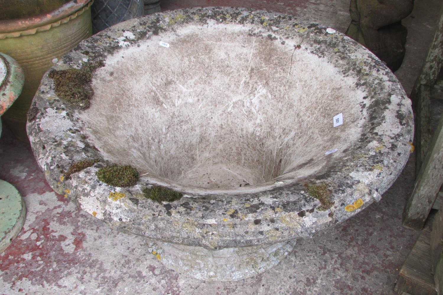 A large and impressive 19th century weathered carved natural stone planter / urn of flared form with - Image 6 of 8