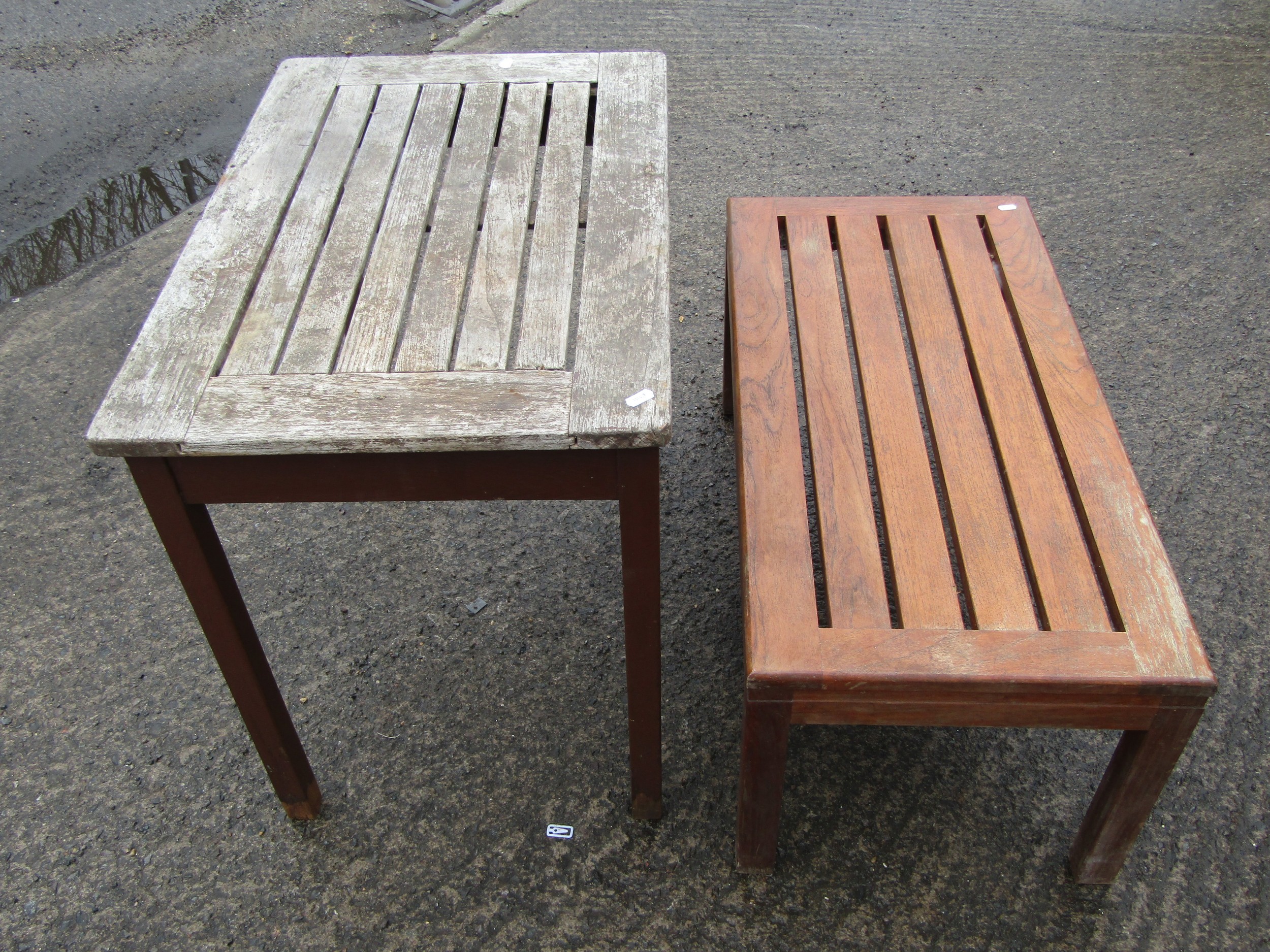 A vintage stained and weathered Lister burma teak garden table of rectangular form with slatted - Image 2 of 2