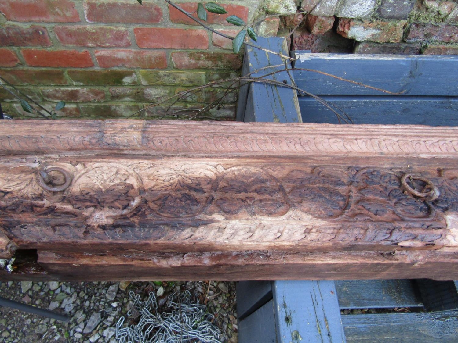 Antique Eastern hardwood beam with carved acanthus leaf and vine frieze, 346cm long x 20cm square - Image 3 of 6