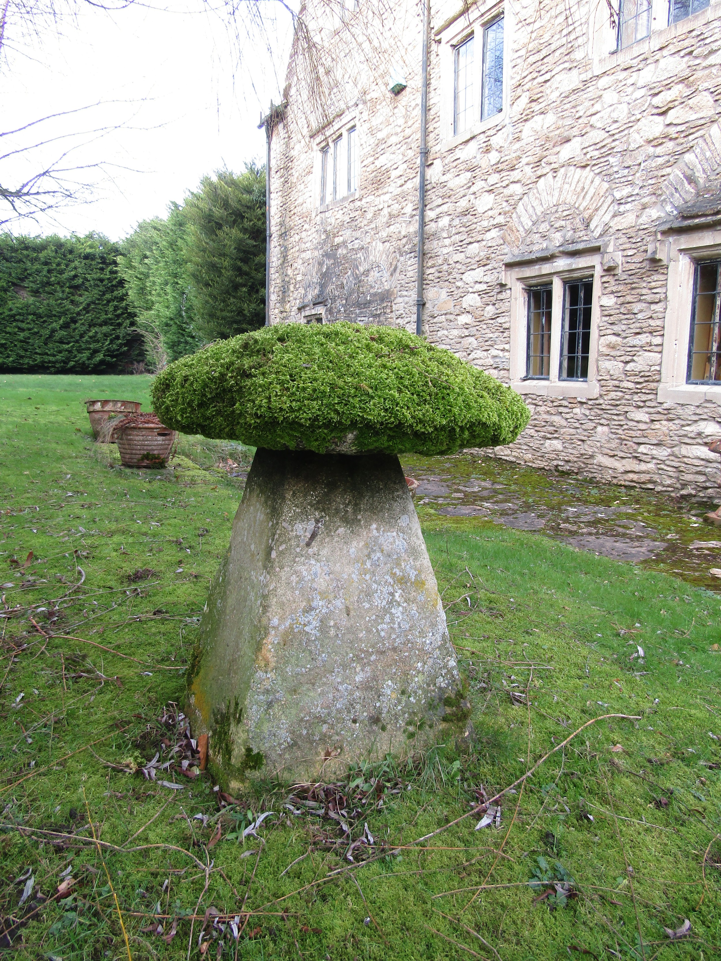 A substantial limestone staddle stone and cap heavily moss encrusted, 80 cm height - Image 4 of 5