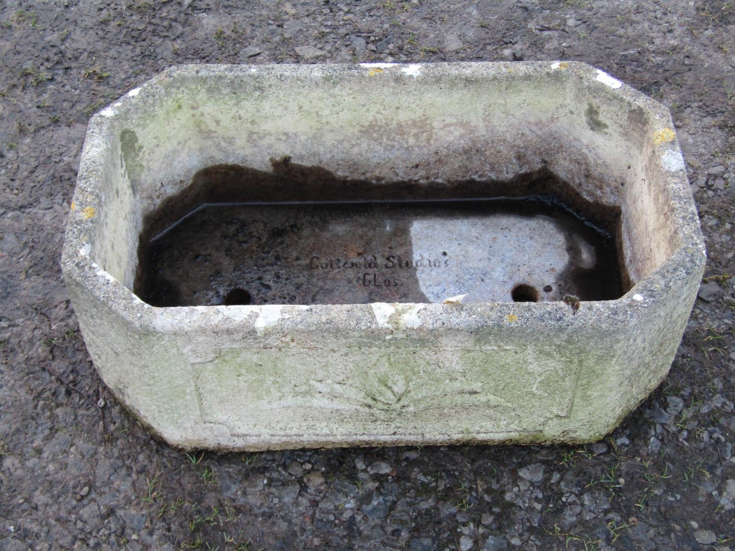 Three stone weathered cast composition garden troughs of varying size and design, the shallow - Image 6 of 8