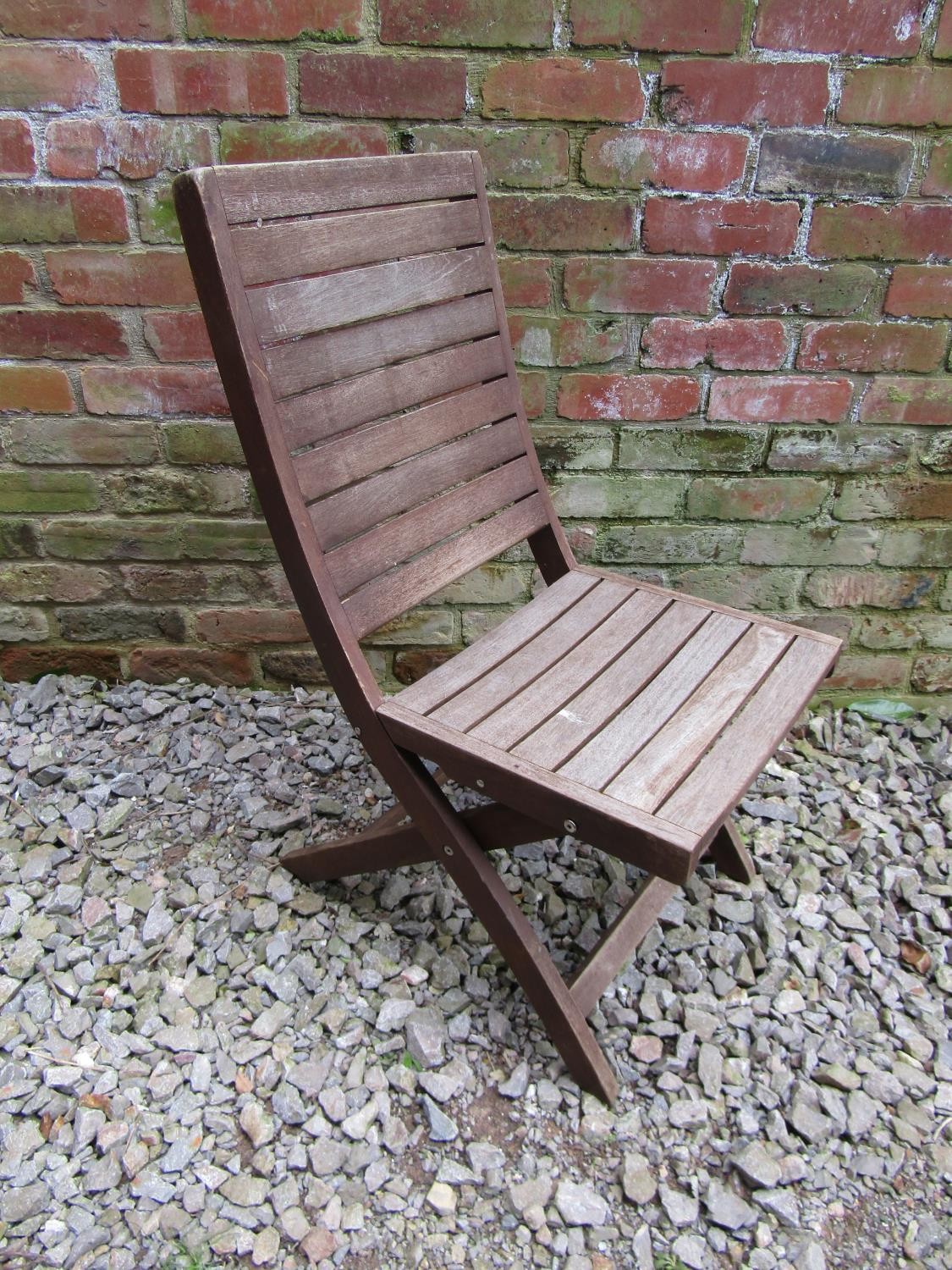 10 Cuba collection stained and weathered teak folding garden chairs with slatted seats and backs (