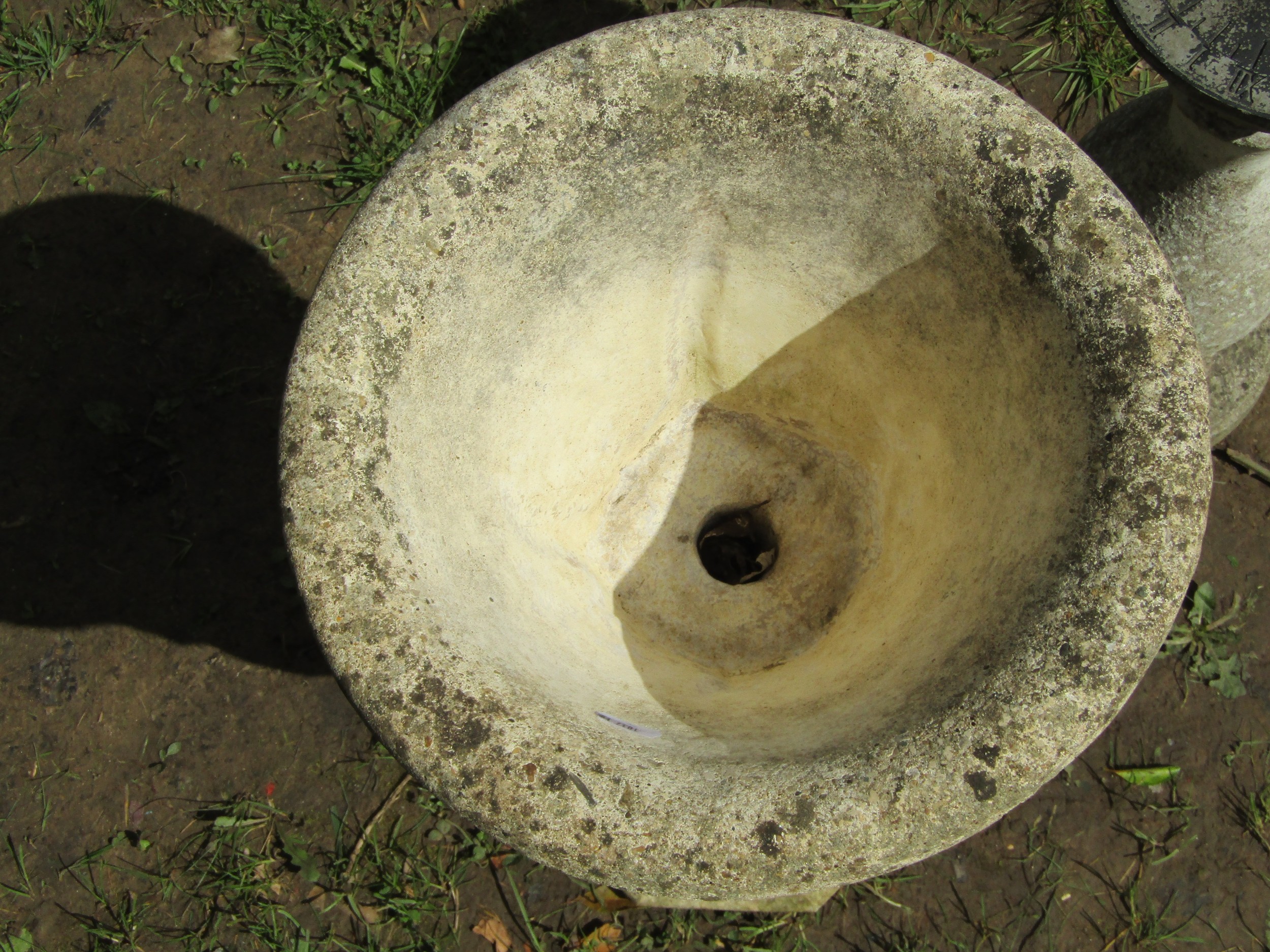 A small weathered cast composition stone garden urn, the circular bowl with flared rim and repeating - Image 3 of 5