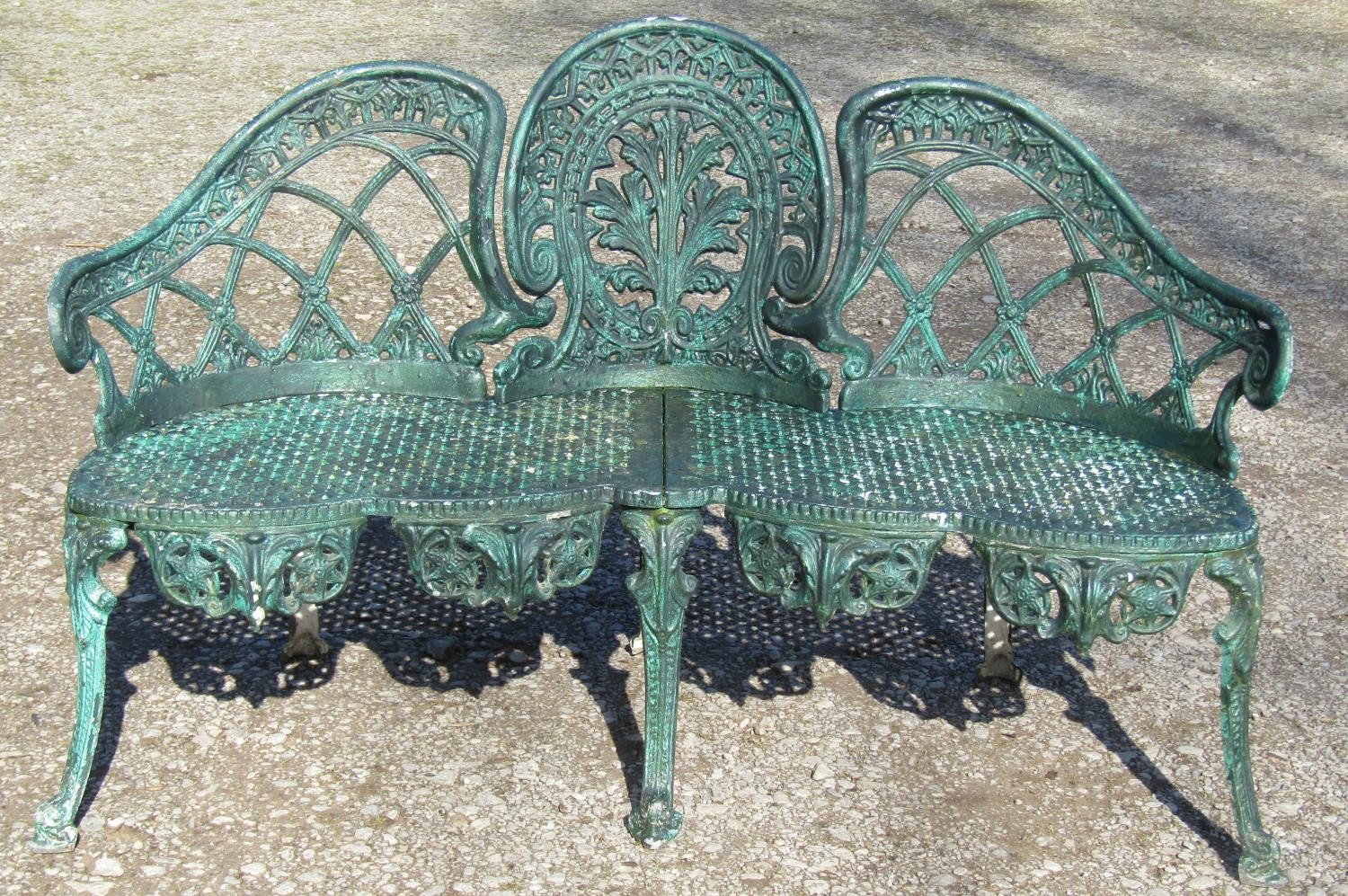 A weathered green painted cast alloy garden bench with shaped outline and decorative pierced - Image 4 of 10