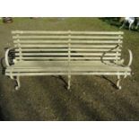 A vintage painted sprung steel garden bench with slatted seat, 184cm long